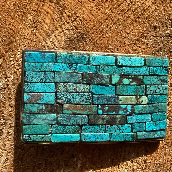Artisan Made African Turquoise Jasper Inlay Metal Belt Buckle - Picture 2 of 7